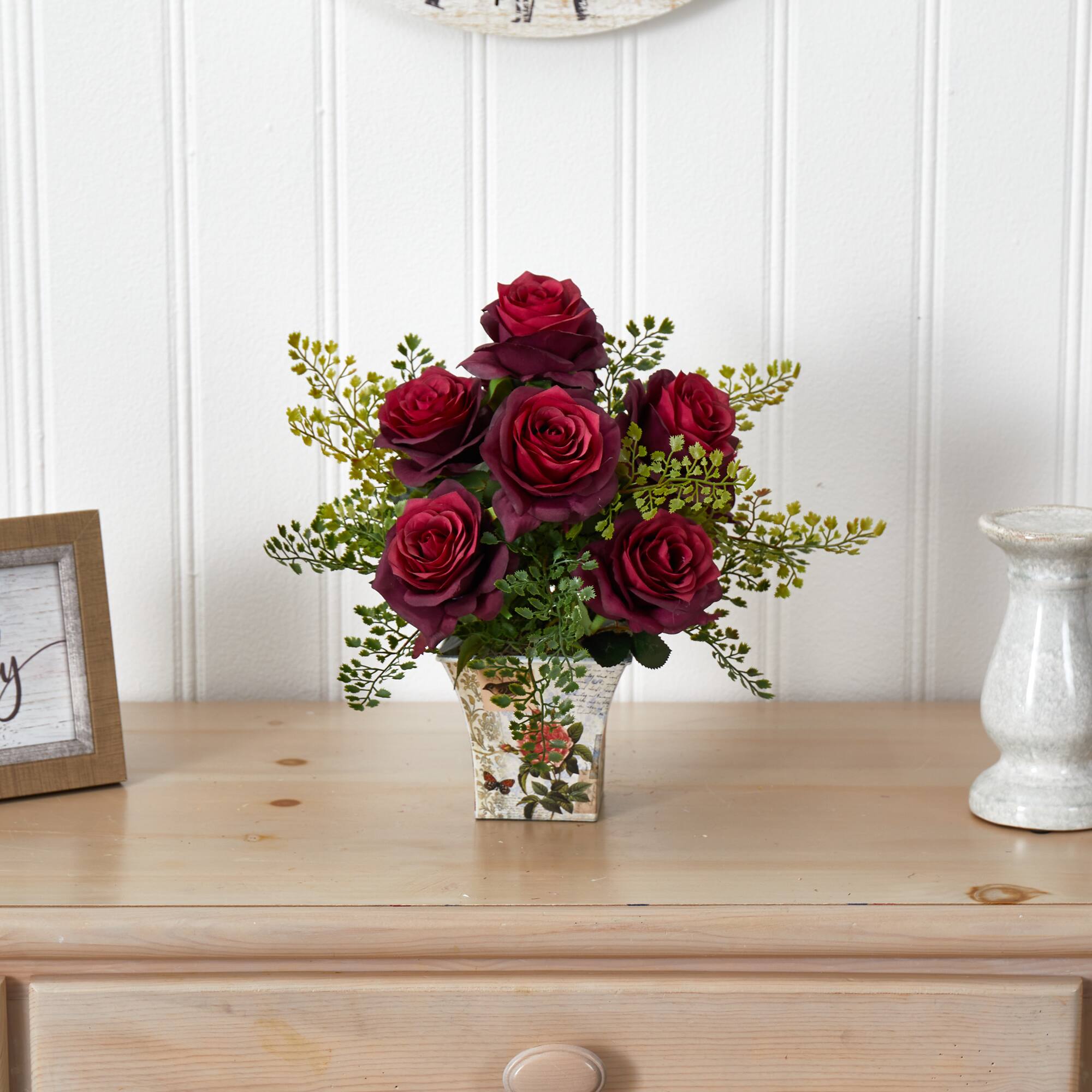 13" Rose & Maiden Hair with Floral Planter